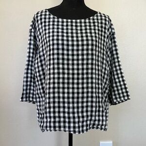 EILEEN Fisher Organic Linen Gingham Plaid 3/4 Sleeve Boatneck Blouse Small